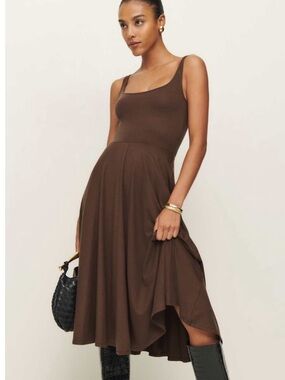 Reformation Rou Knit Dress Brown Sleeveless Fit Flare Midi Dress small